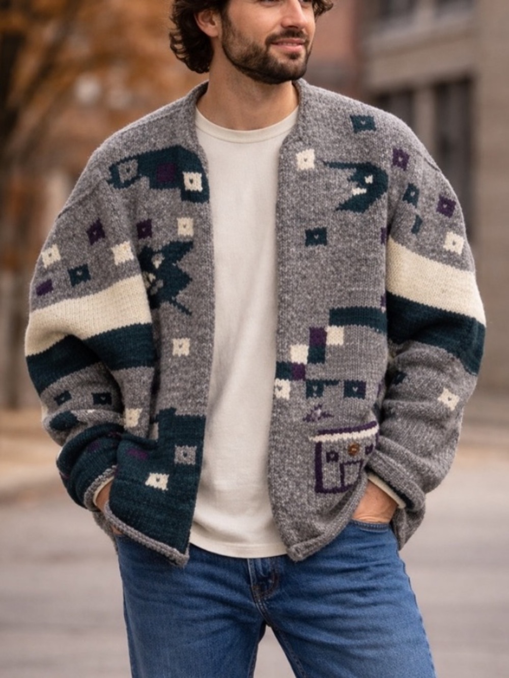 NUEVO AMERICANA Hand Knit Wool RARE Night Village Pattern Oversized Cardigan